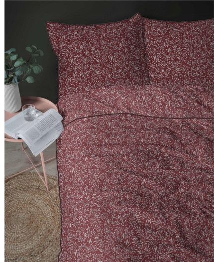 Elegancka pościel z perkalu z lamówką 160x200 PERKAL bordo w listki 5588B
