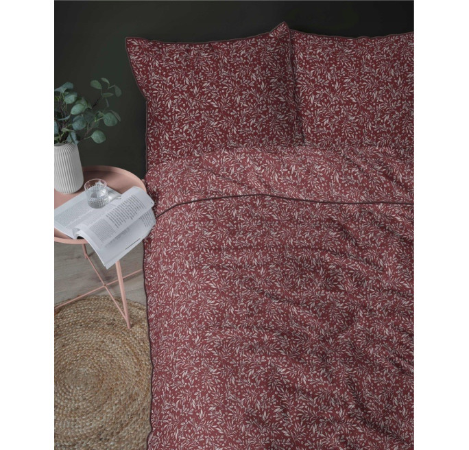 Elegancka pościel z perkalu z lamówką 160x200 PERKAL bordo w listki 5588B